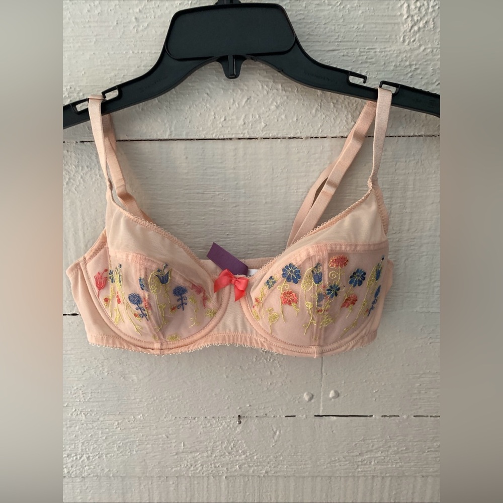 Adore Me Elie Bra Peachy Floral Embroidery Sheer Mesh Underwire Demi Size 34D